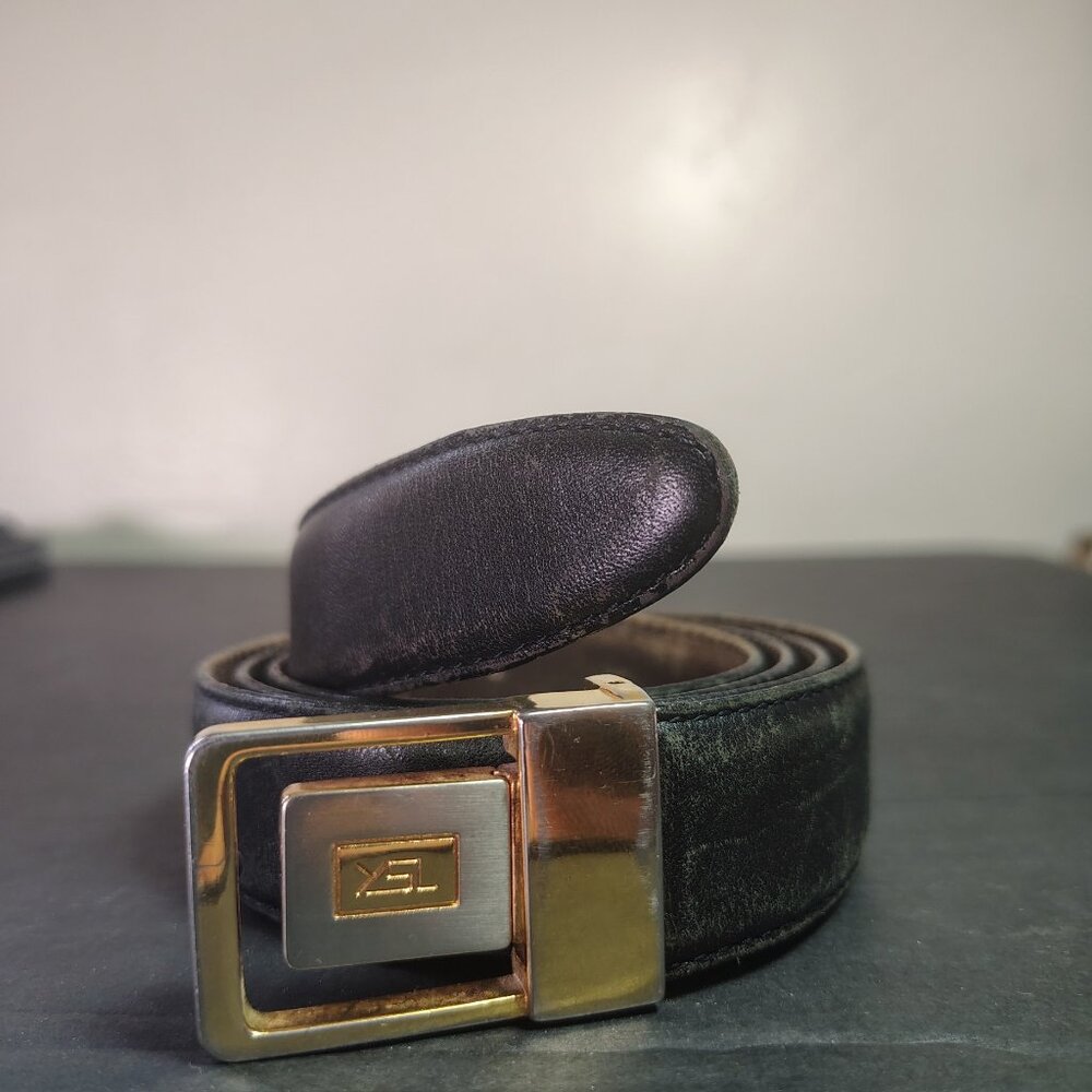 VINTAGE Yves Saint Laurent YSL Belt 42.5" 1" Black Leather Reversible Buckle - Picture 2 of 15